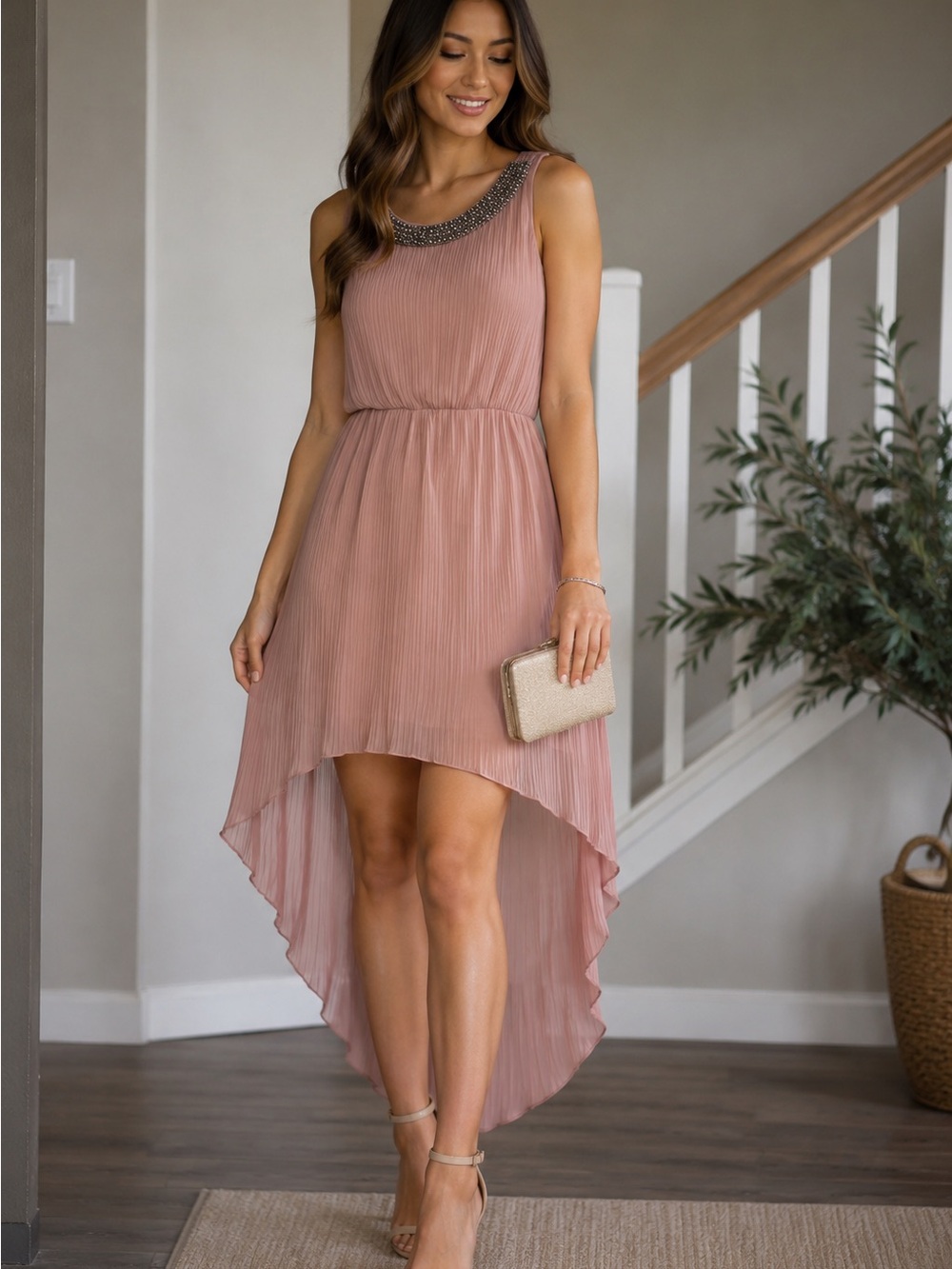 Forever 21 Blush Pink Sleeveless High-Low Pleated Dress with Beaded Neckline